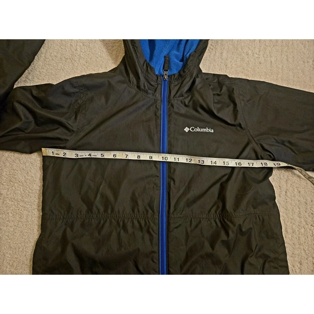 Columbia Kids Windbreaker Jacket Black Blue Fleece Lined Hooded‎ Size L 14/16